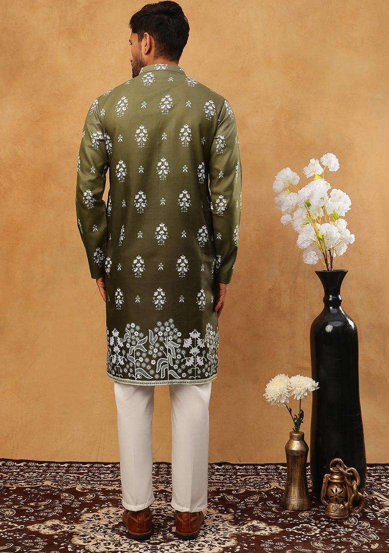 Olive Floral Print Cotton Kurta Pyjama Set For Men - Indya
