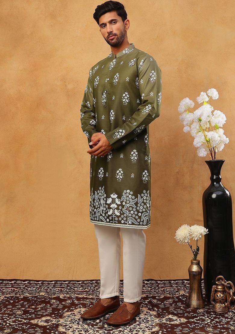 Olive Floral Print Cotton Kurta Pyjama Set For Men - Indya