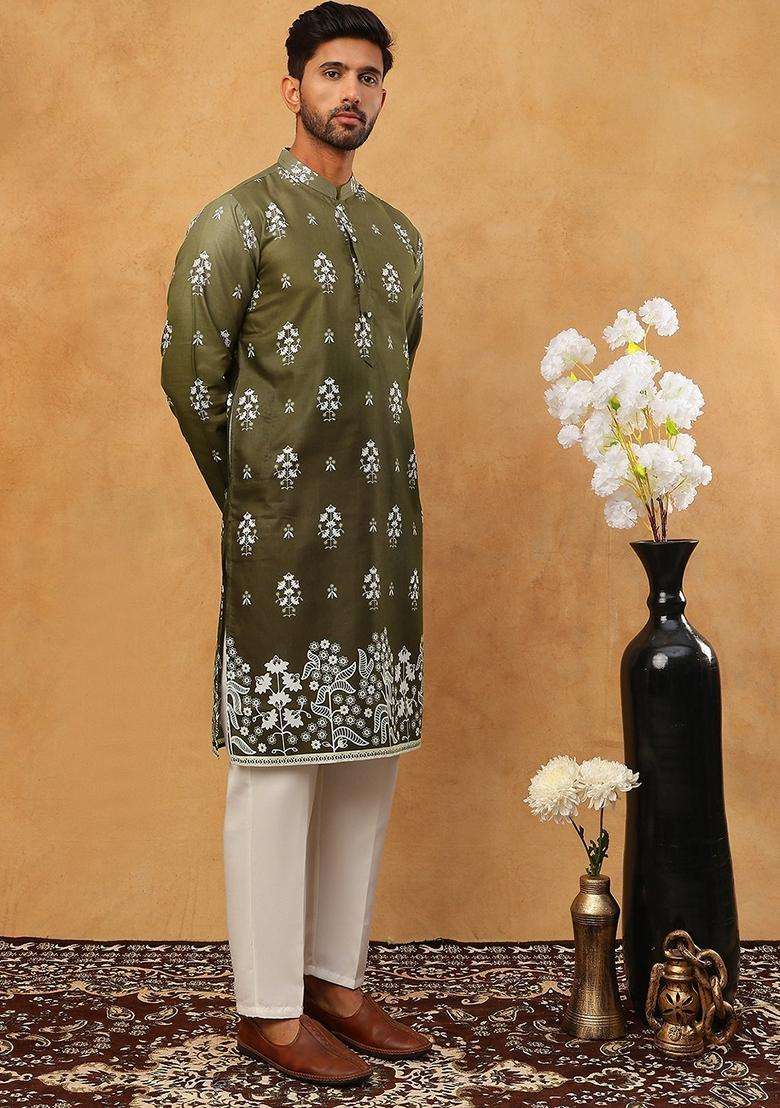 Olive Floral Print Cotton Kurta Pyjama Set For Men - Indya