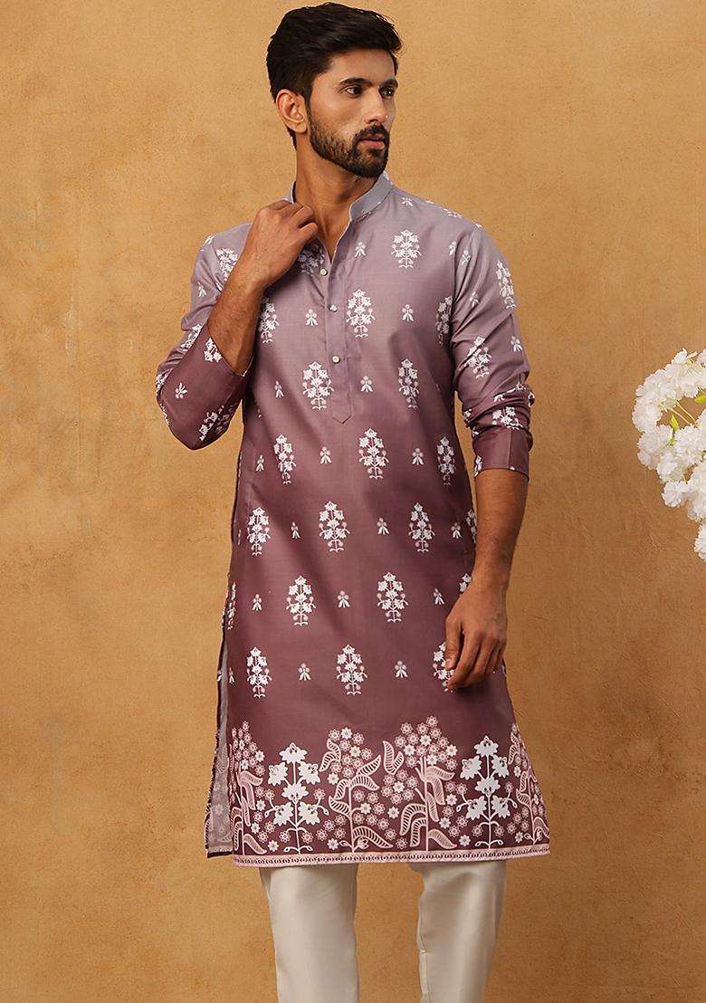 Brown Floral Print Cotton Kurta Pyjama Set For Men - Indya