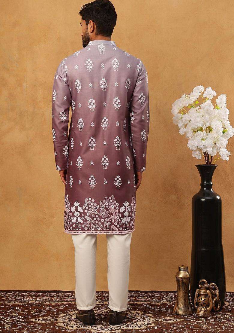 Brown Floral Print Cotton Kurta Pyjama Set For Men - Indya