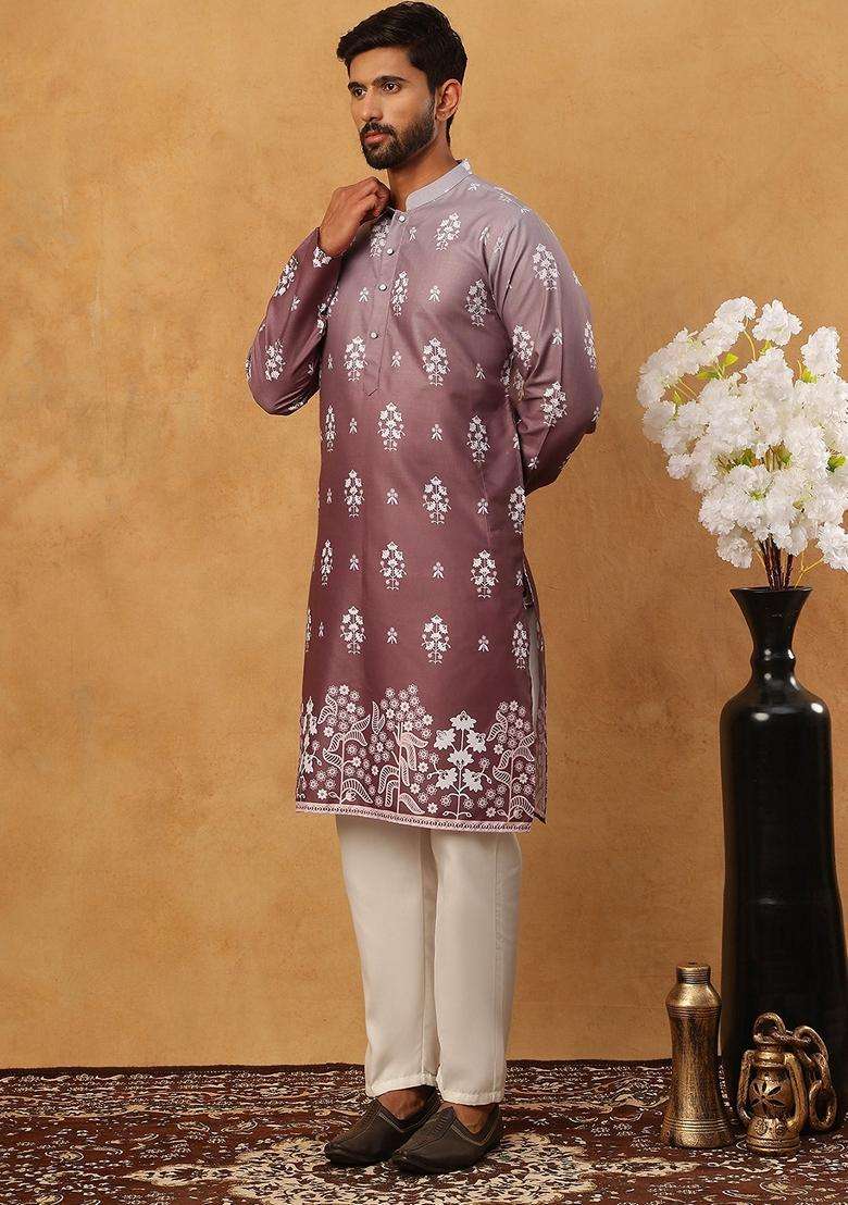 Brown Floral Print Cotton Kurta Pyjama Set For Men - Indya