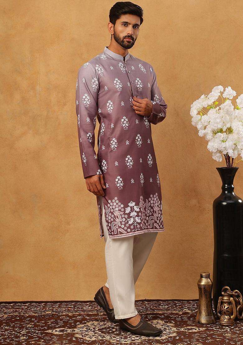 Brown Floral Print Cotton Kurta Pyjama Set For Men - Indya