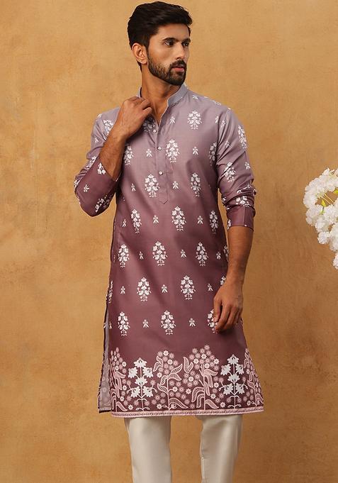 Brown Floral Print Cotton Kurta Pyjama Set For Men