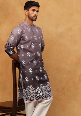 Charcoal Floral Print Cotton Kurta Pyjama Set For Men