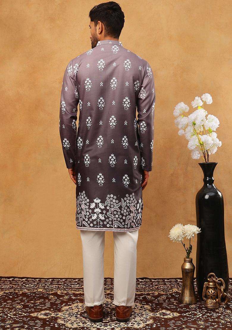 Charcoal Floral Print Cotton Kurta Pyjama Set For Men - Indya