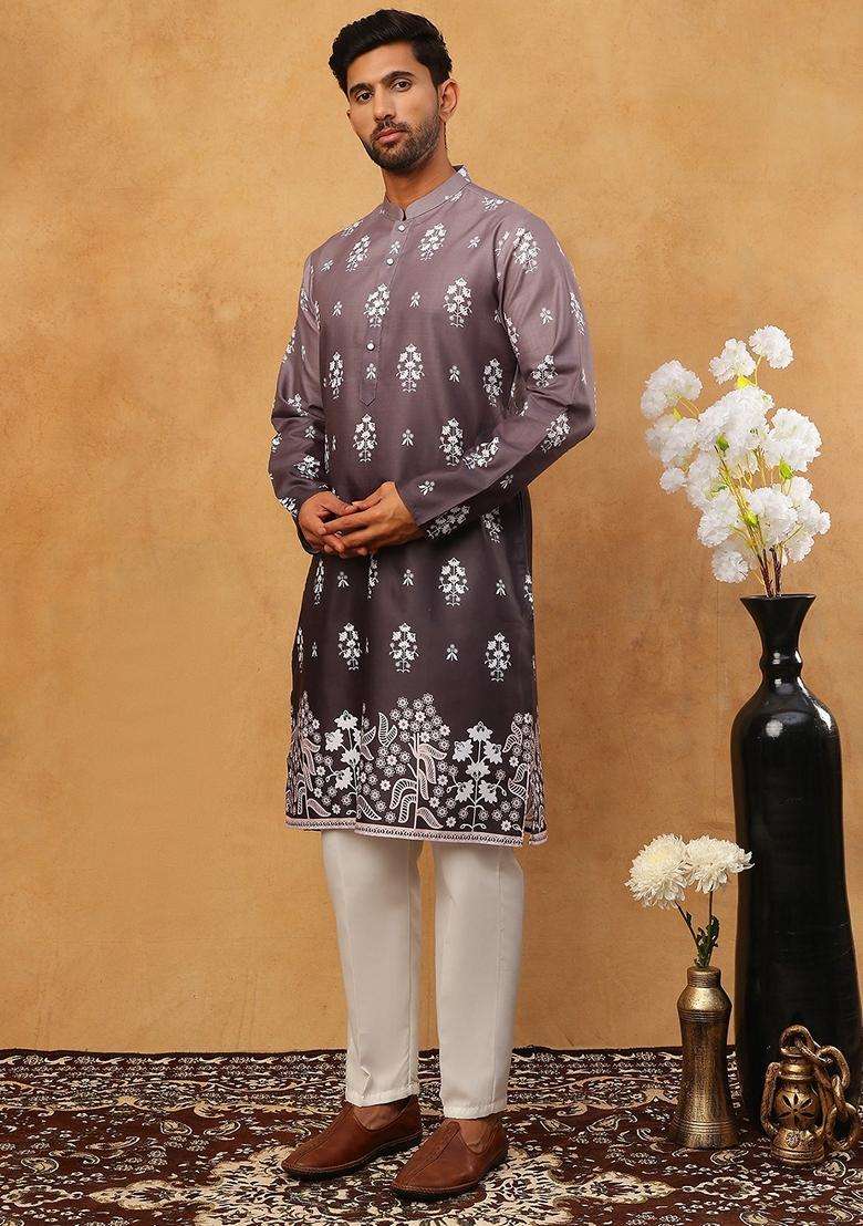 Charcoal Floral Print Cotton Kurta Pyjama Set For Men - Indya