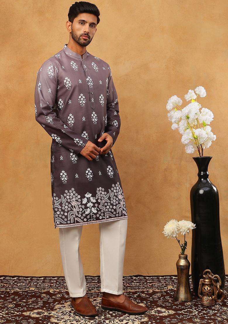 Charcoal Floral Print Cotton Kurta Pyjama Set For Men - Indya
