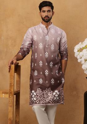 Grey Floral Print Cotton Kurta Pyjama Set For Men