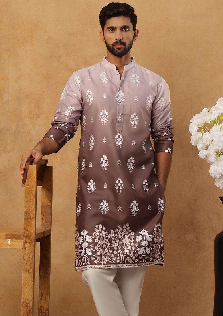 Grey Floral Print Cotton Kurta Pyjama Set For Men - Indya