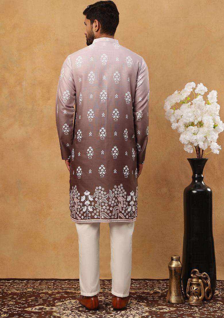 Grey Floral Print Cotton Kurta Pyjama Set For Men - Indya