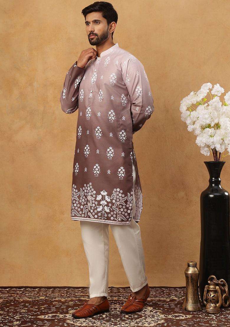 Grey Floral Print Cotton Kurta Pyjama Set For Men - Indya