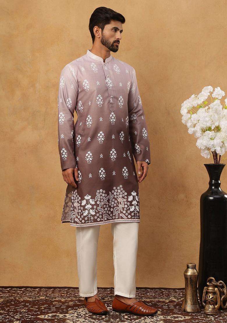 Grey Floral Print Cotton Kurta Pyjama Set For Men - Indya