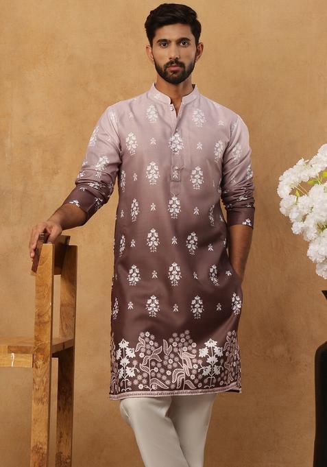 Grey Floral Print Cotton Kurta Pyjama Set For Men