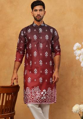 Maroon Floral Print Cotton Kurta Pyjama Set For Men