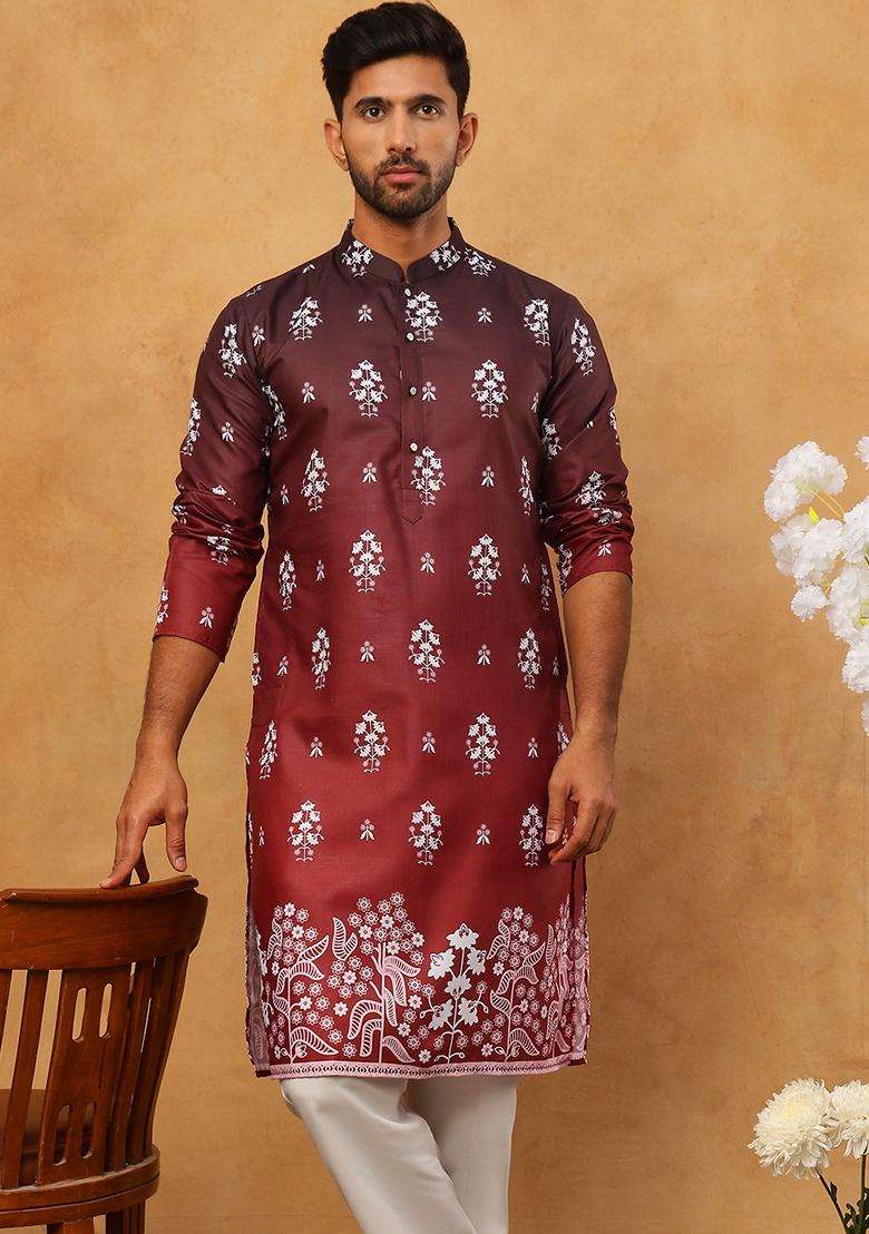 Maroon Floral Print Cotton Kurta Pyjama Set For Men - Indya