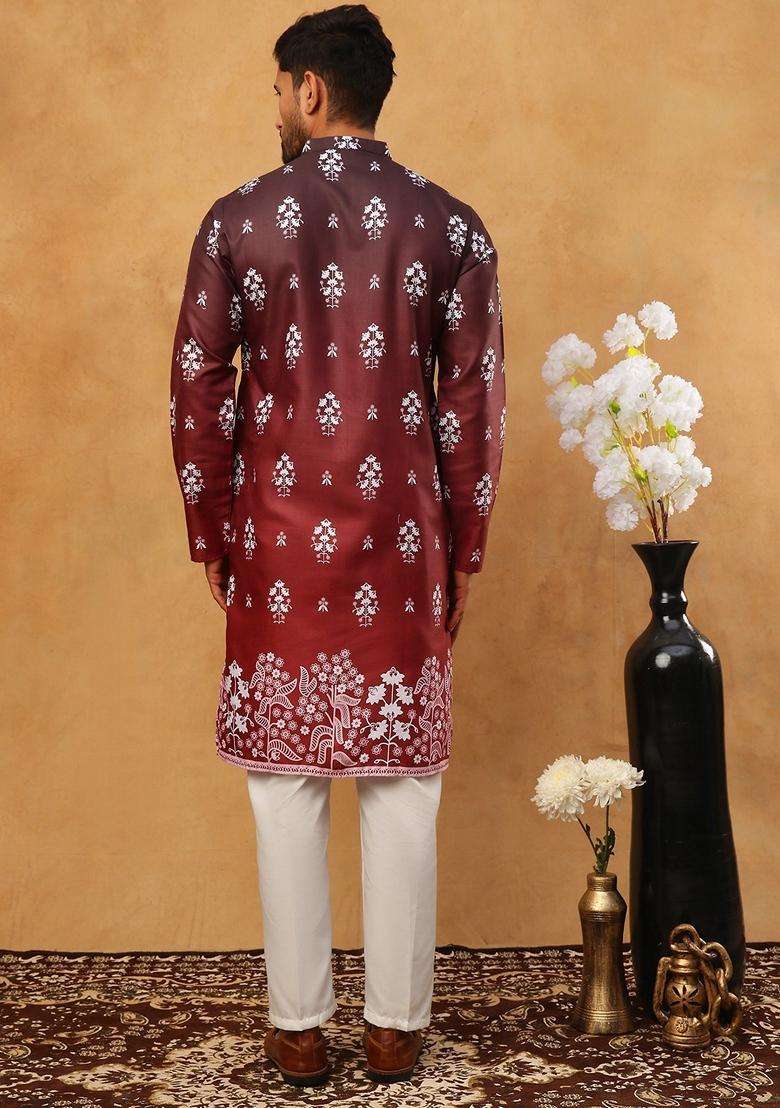 Maroon Floral Print Cotton Kurta Pyjama Set For Men - Indya