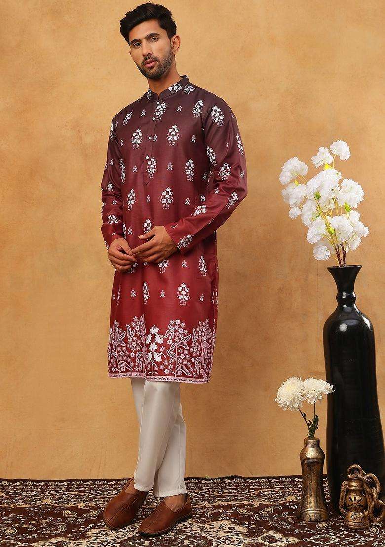 Maroon Floral Print Cotton Kurta Pyjama Set For Men - Indya