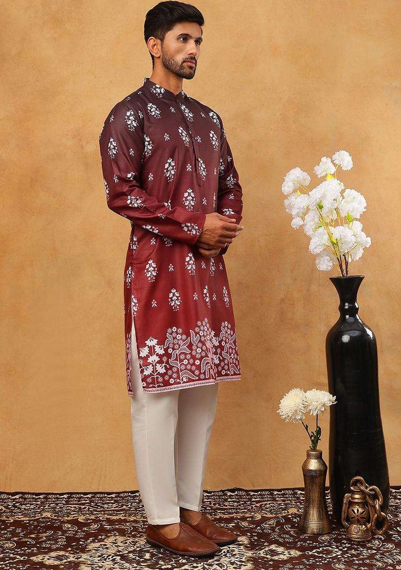 Maroon Floral Print Cotton Kurta Pyjama Set For Men - Indya