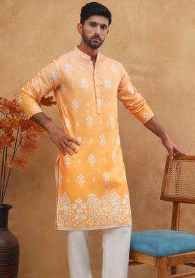 Orange Floral Print Cotton Kurta Pyjama Set For Men
