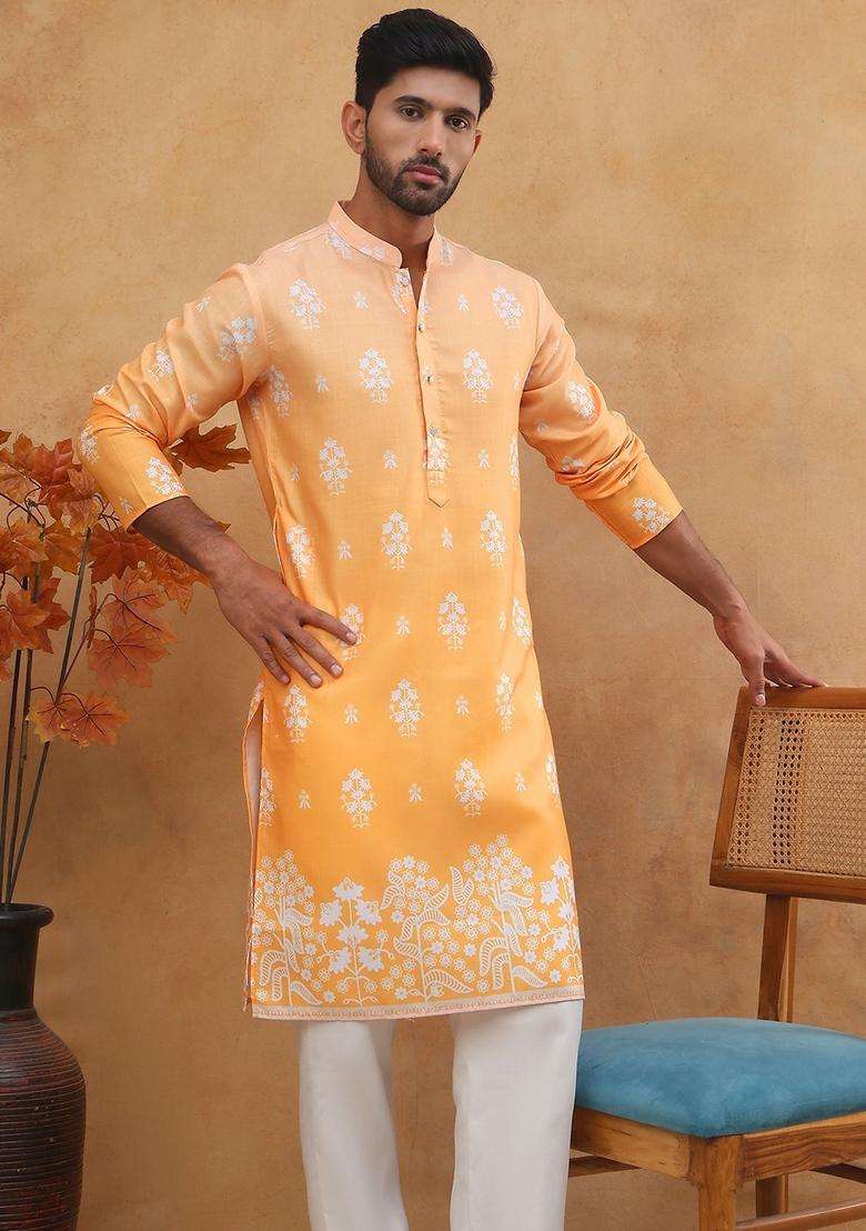 Orange Floral Print Cotton Kurta Pyjama Set For Men - Indya
