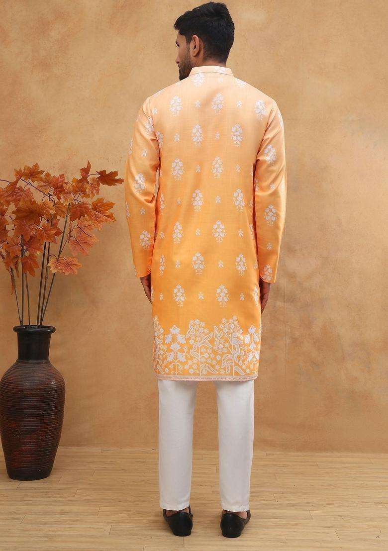 Orange Floral Print Cotton Kurta Pyjama Set For Men - Indya