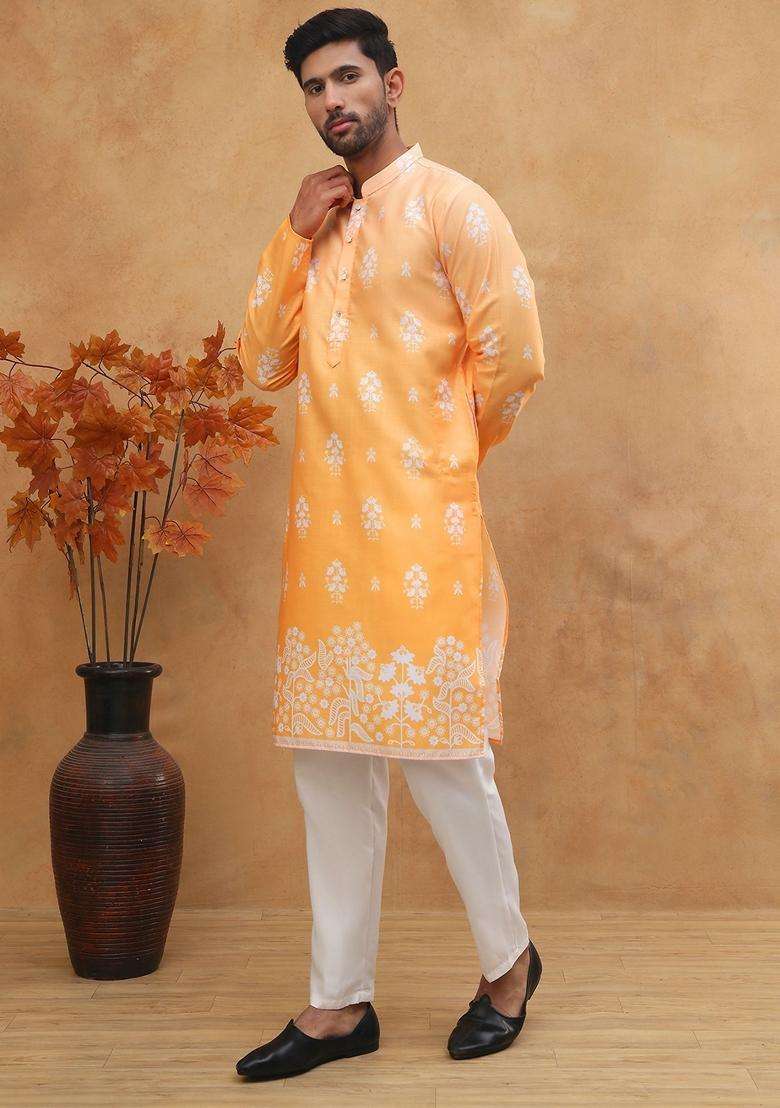 Orange Floral Print Cotton Kurta Pyjama Set For Men - Indya