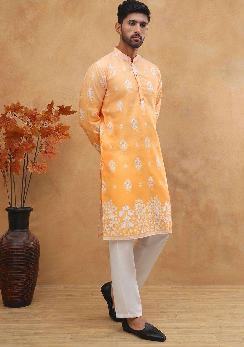 Orange Floral Print Cotton Kurta Pyjama Set For Men - Indya