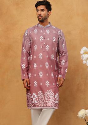 Pink Floral Print Cotton Kurta Pyjama Set For Men