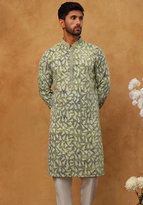 Green Geometric Cotton Kurta Pyjama Set For Men