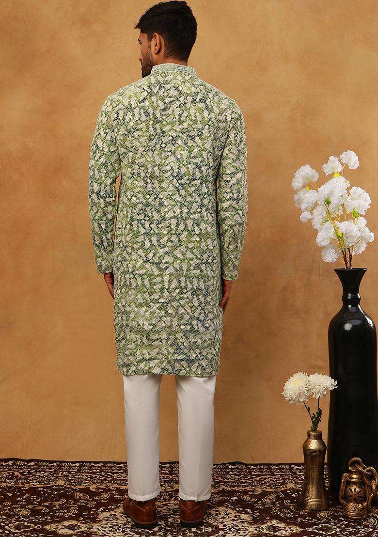 Green Geometric Cotton Kurta Pyjama Set For Men - Indya
