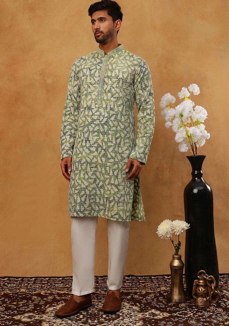 Green Geometric Cotton Kurta Pyjama Set For Men - Indya