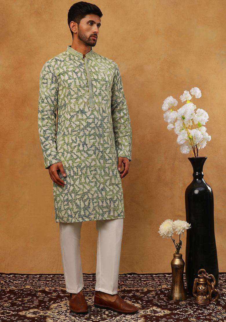 Green Geometric Cotton Kurta Pyjama Set For Men - Indya