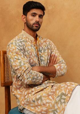 Mustard Geometric Cotton Kurta Pyjama Set For Men