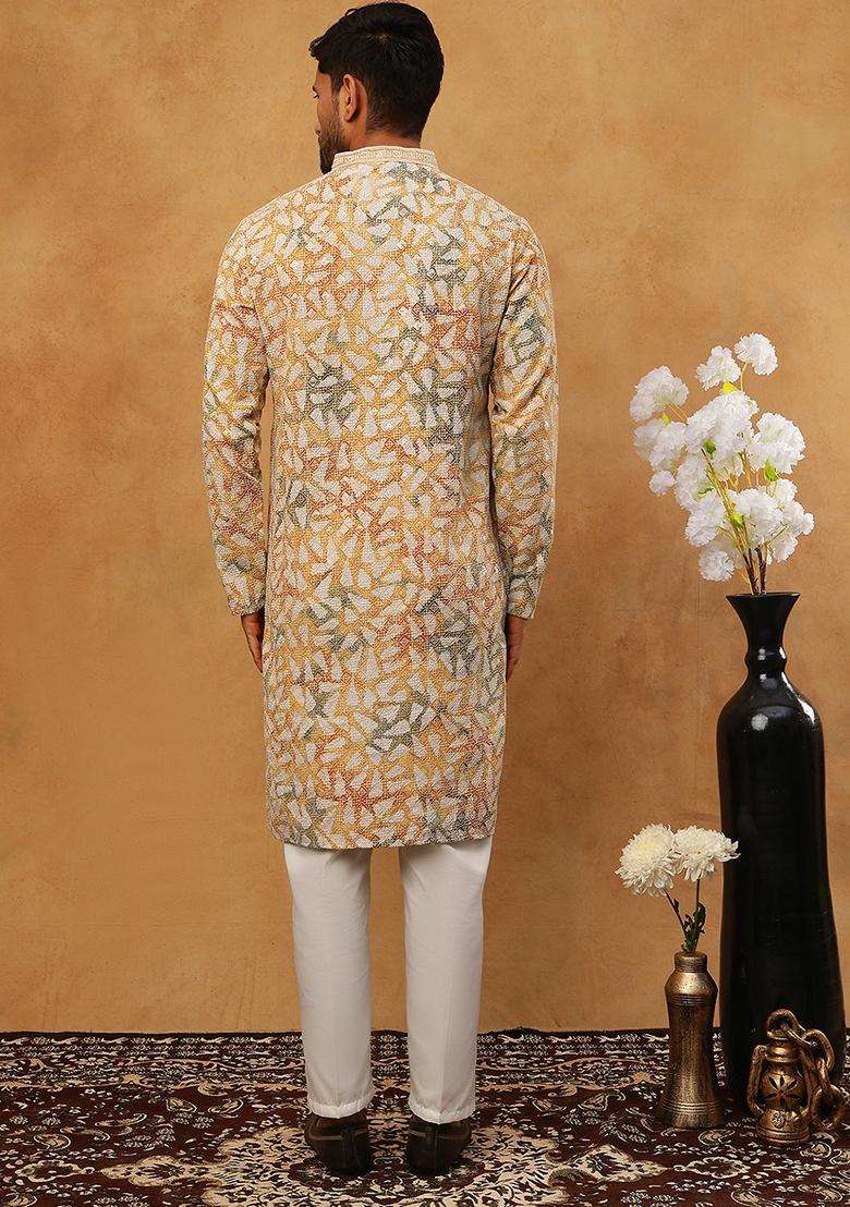 Mustard Geometric Cotton Kurta Pyjama Set For Men - Indya