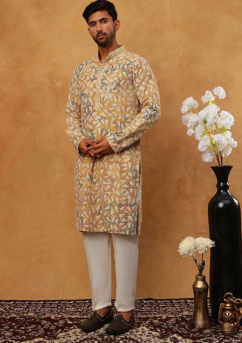 Mustard Geometric Cotton Kurta Pyjama Set For Men - Indya
