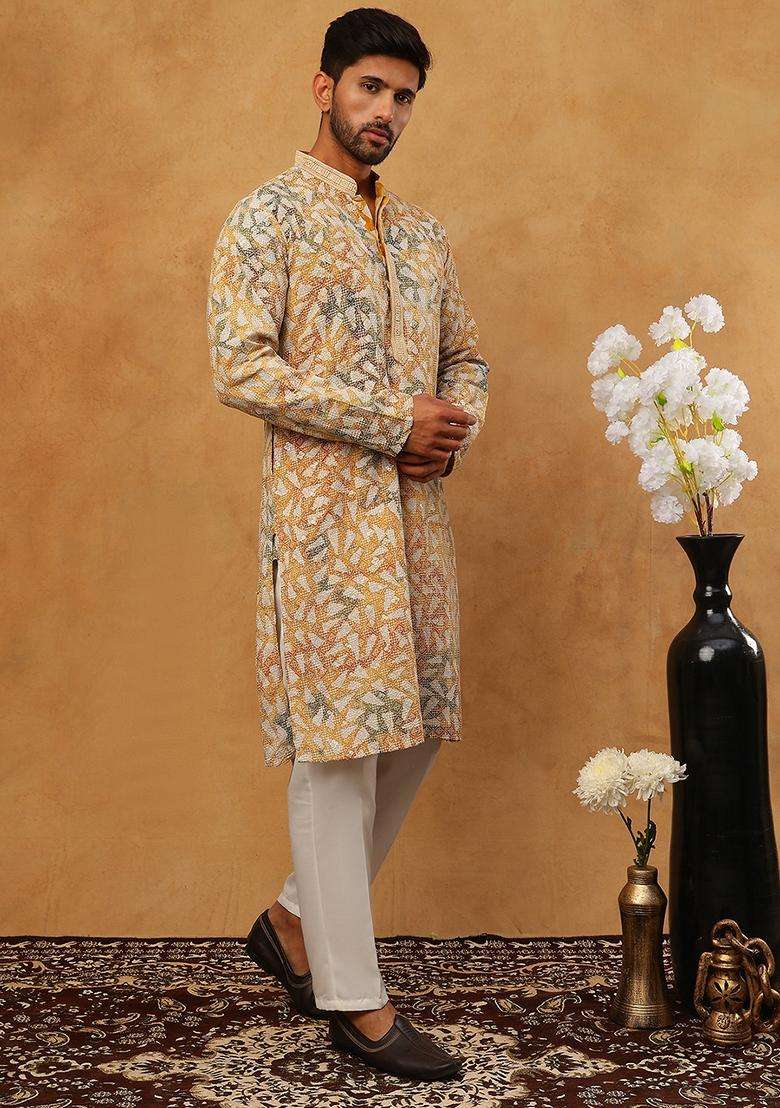 Mustard Geometric Cotton Kurta Pyjama Set For Men - Indya