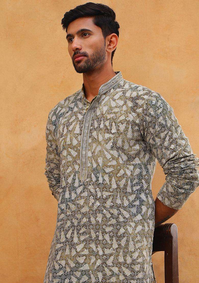Olive Geometric Viscose Kurta Pyjama Set For Men - Indya