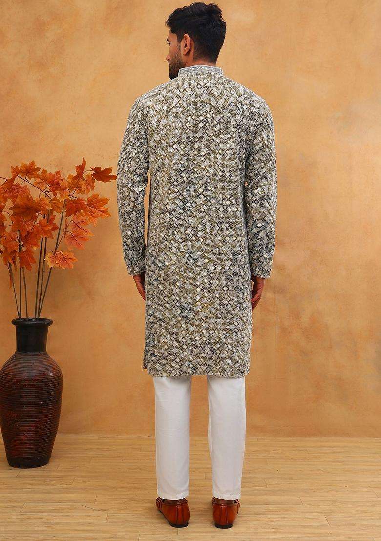 Olive Geometric Viscose Kurta Pyjama Set For Men - Indya