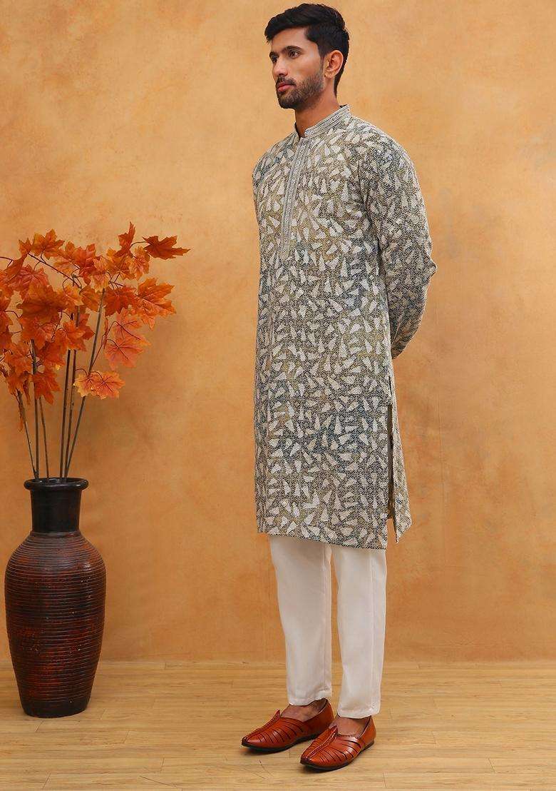 Olive Geometric Viscose Kurta Pyjama Set For Men - Indya