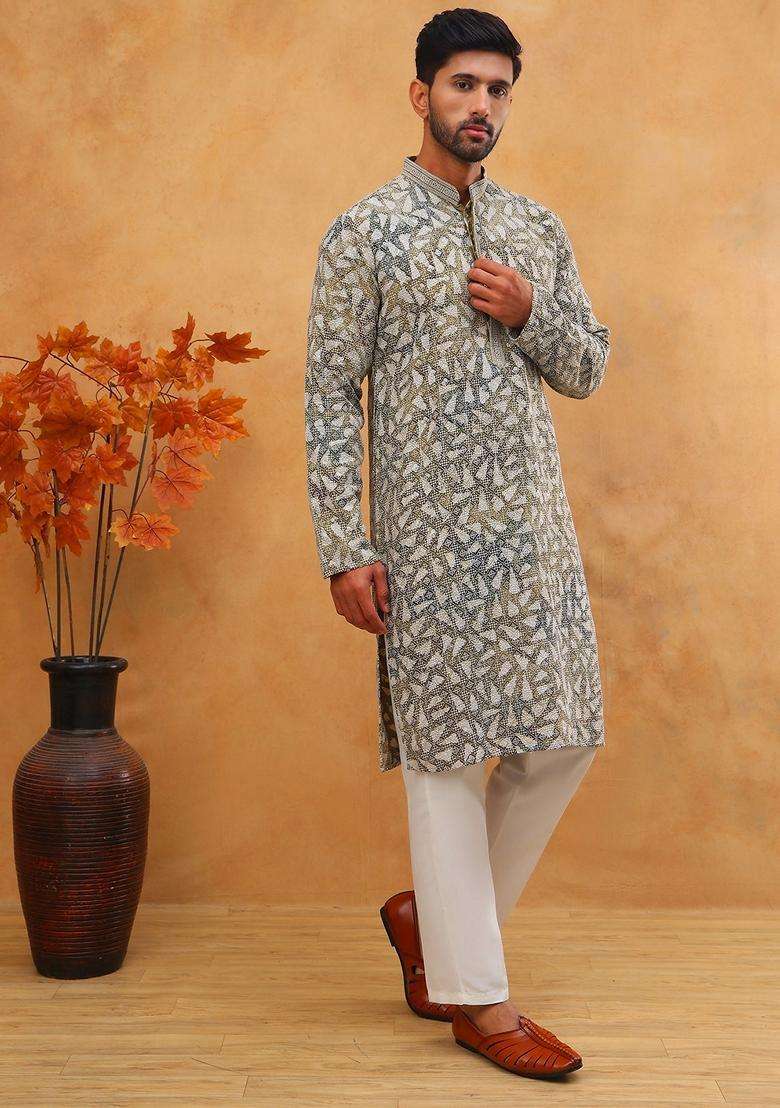 Olive Geometric Viscose Kurta Pyjama Set For Men - Indya