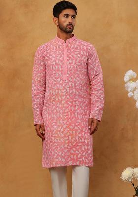 Pink Geometric Viscose Kurta Pyjama Set For Men