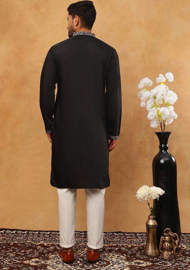 Black Abstract Print Silk Blend Kurta Pyjama Set For Men - Indya