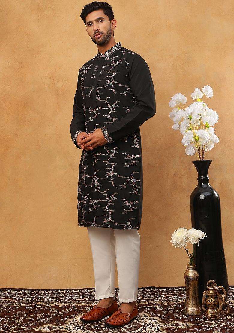 Black Abstract Print Silk Blend Kurta Pyjama Set For Men - Indya