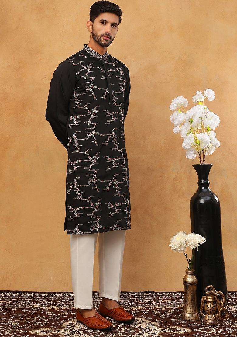 Black Abstract Print Silk Blend Kurta Pyjama Set For Men - Indya