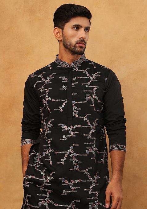 Black Abstract Print Silk Blend Kurta Pyjama Set For Men