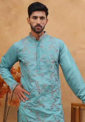 Sky Blue Abstract Print Silk Kurta Pyjama Set For Men