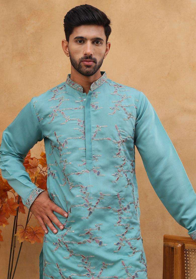 Sky Blue Abstract Print Silk Blend Kurta Pyjama Set For Men - Indya