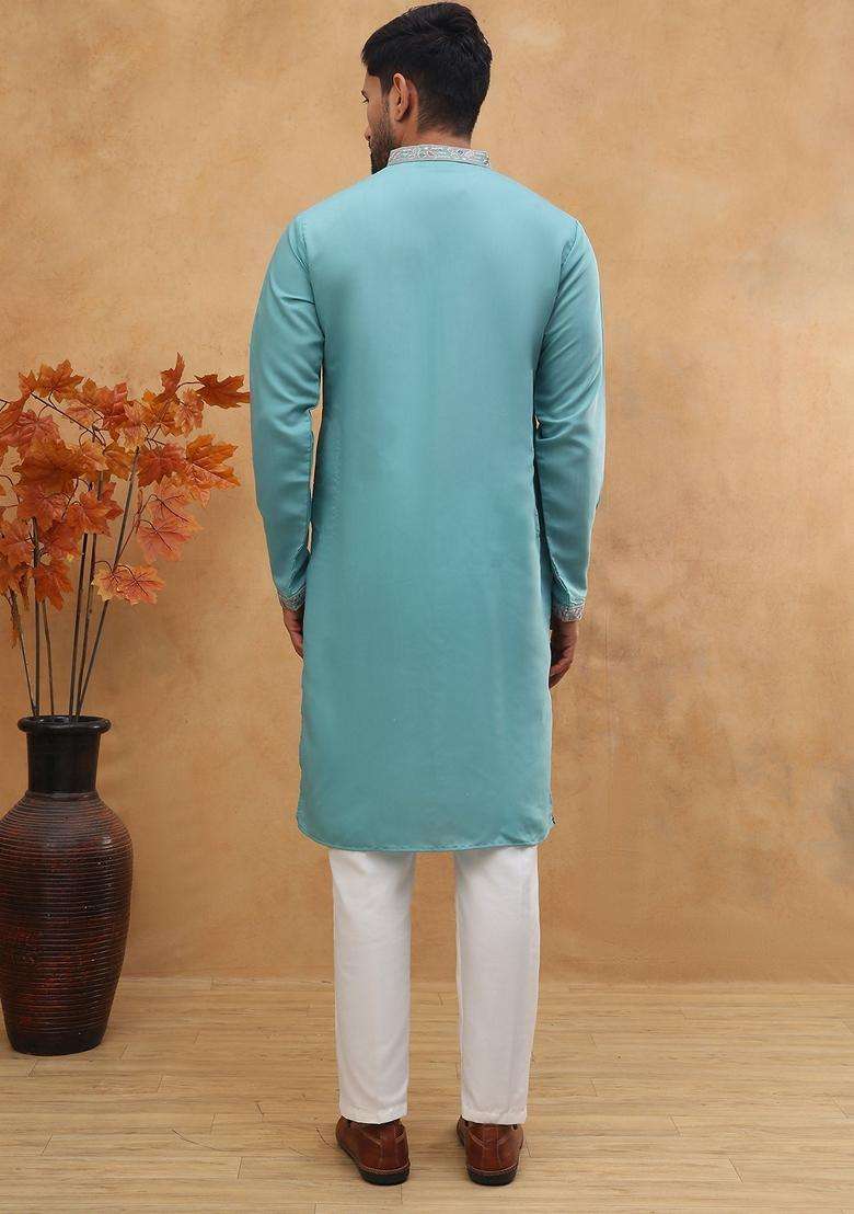 Sky Blue Abstract Print Silk Blend Kurta Pyjama Set For Men - Indya