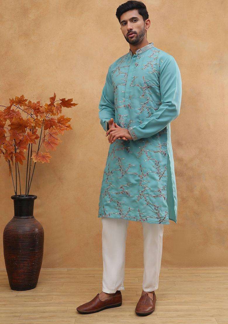 Sky Blue Abstract Print Silk Blend Kurta Pyjama Set For Men - Indya